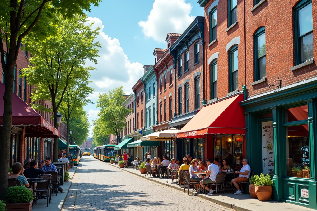 Quartier ancien avec bâtiments colorés et cafés en plein air