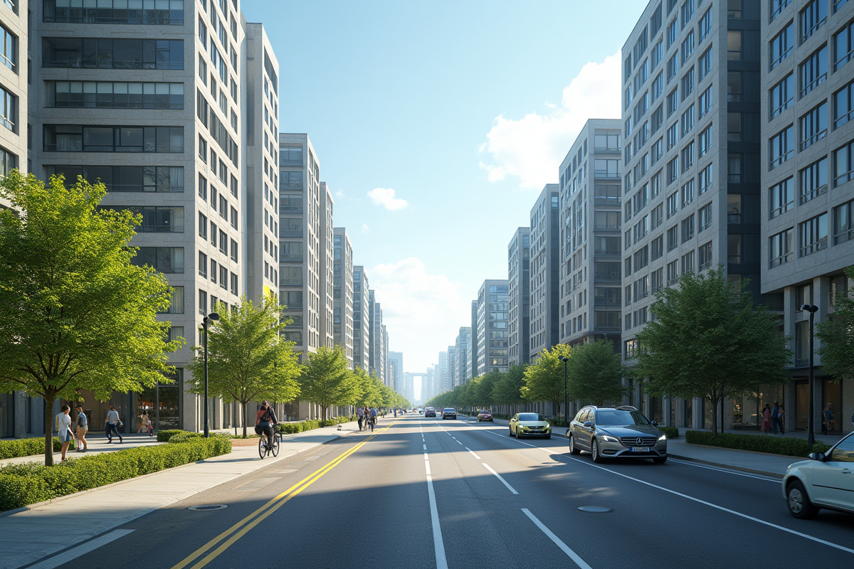 Quartier urbain moderne avec gratte-ciel et rues animées