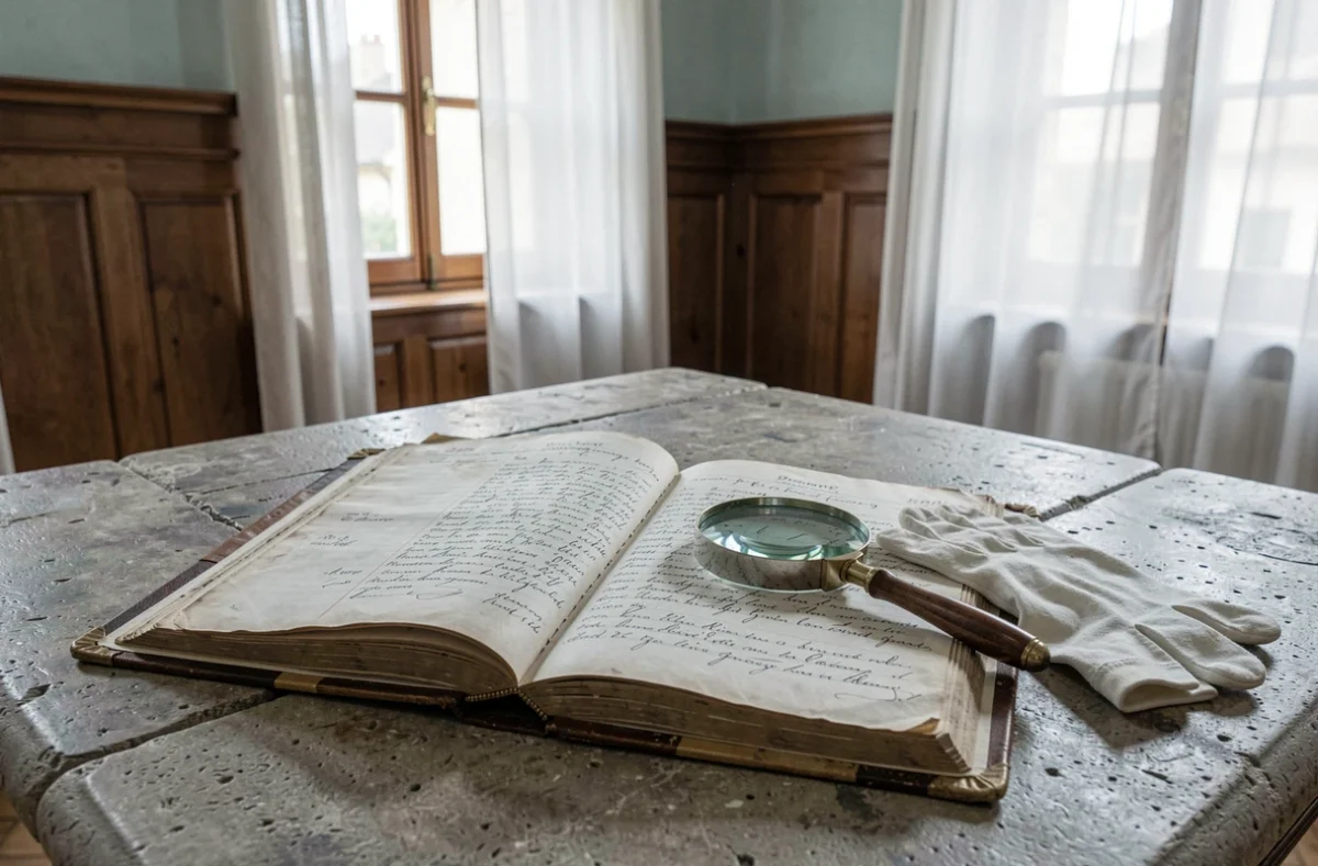 Registre d'état civil ancien ouvert avec des actes manuscrits dans une mairie française