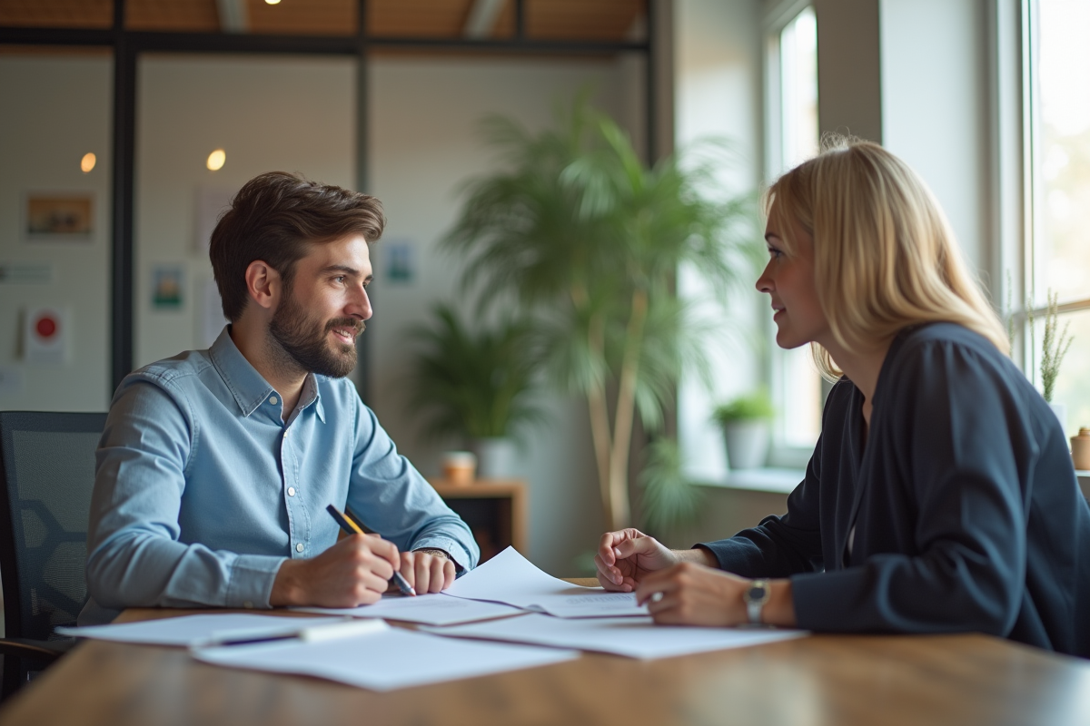 Discussion entre un jeune homme et une assistante sociale en bureau moderne