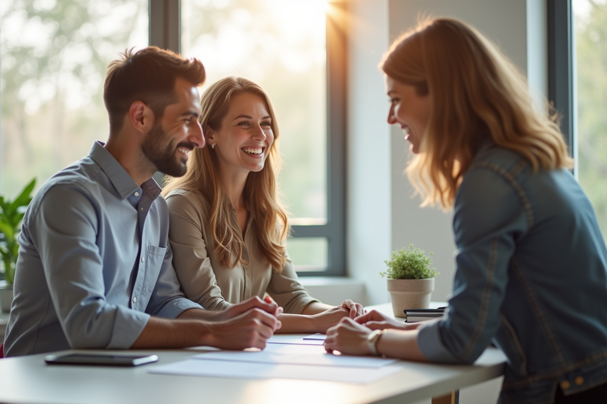 Couple souriant rencontrant un conseiller en bureau moderne