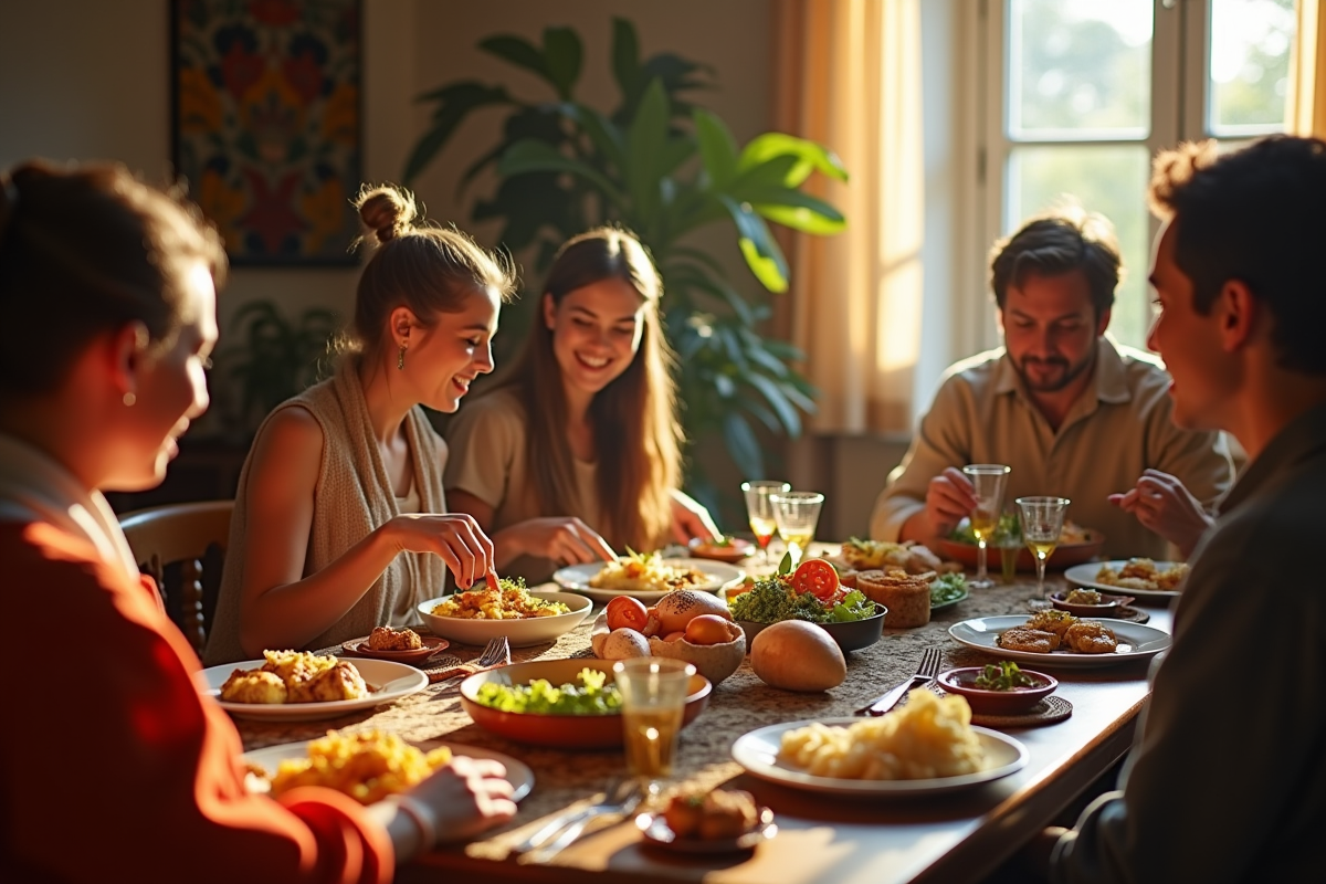 Groupe partageant un repas traditionnel autour d une table chaleureuse