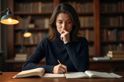 Femme dans une bibliothèque universitaire réalisant un retournement de situation inattendu en lisant un livre