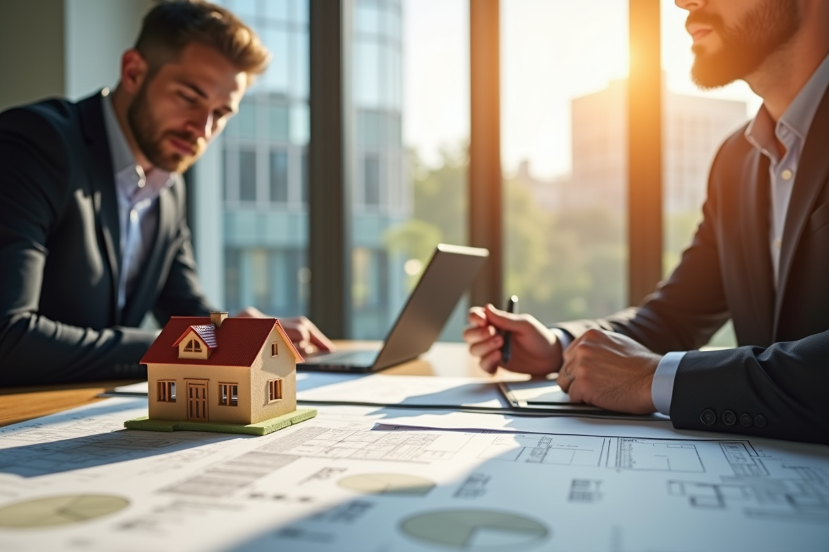 Réunion entre deux professionnels discutant de documents immobiliers