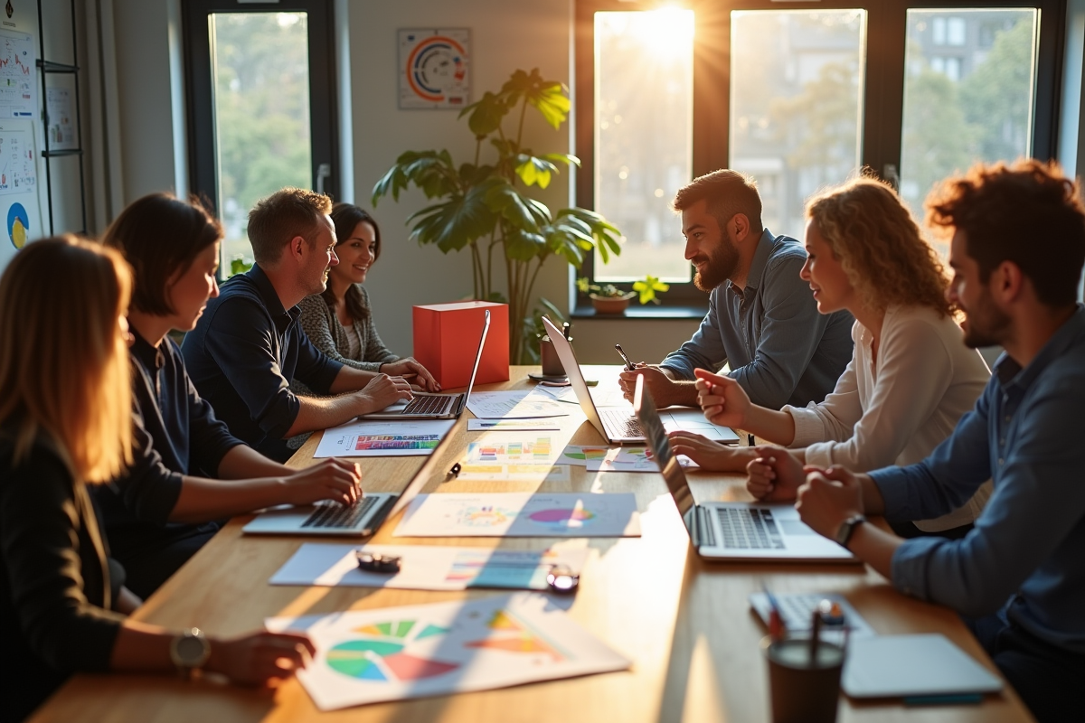 Equipe marketing en réunion avec graphiques et sacs