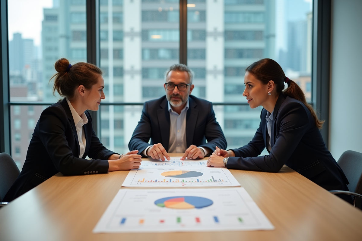 Groupe de professionnels discutant autour d une table avec graphique blockchain