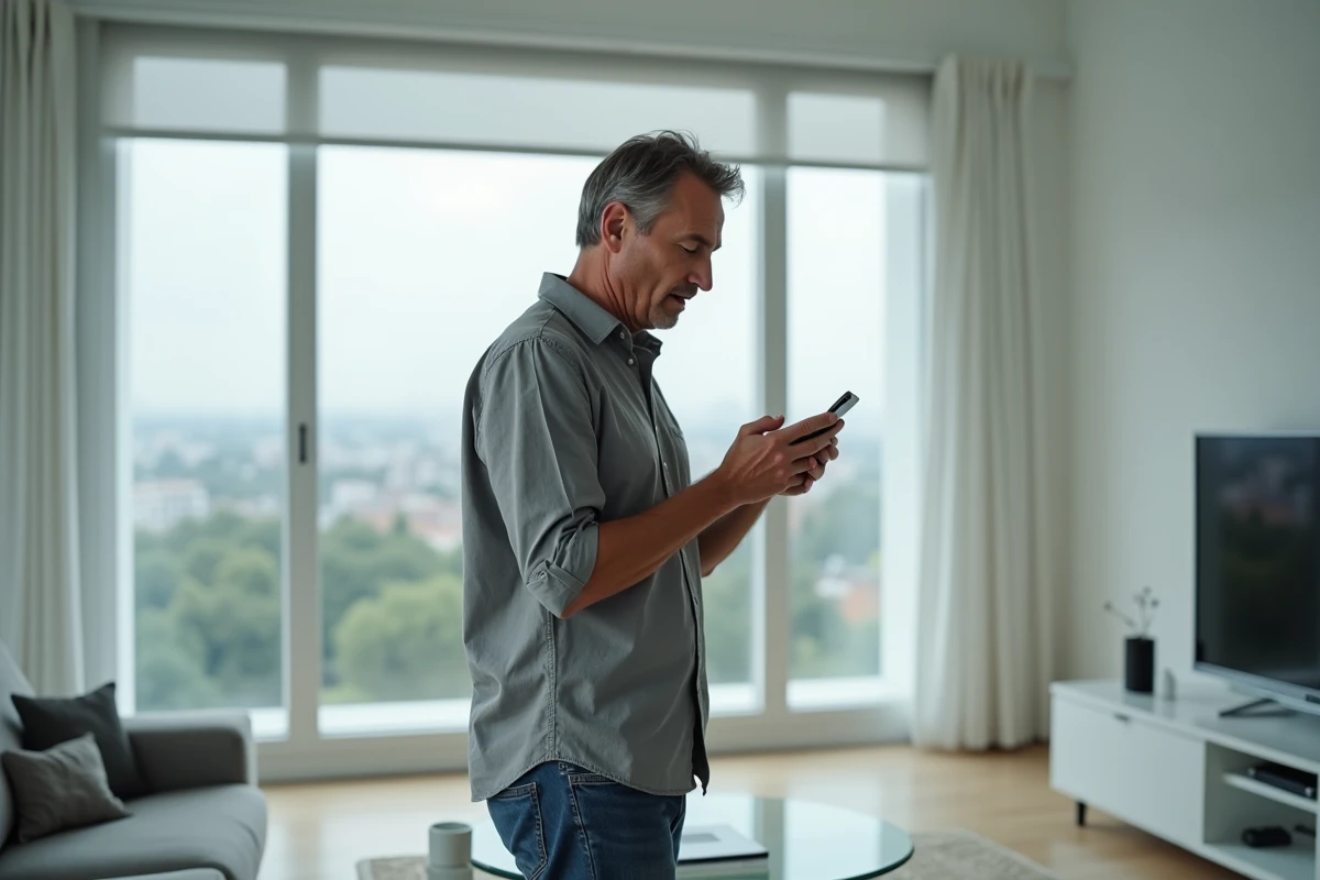 Homme seul dans un appartement moderne découvrant une révélation choquante sur son téléphone