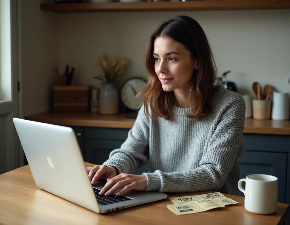 Femme consultant un site de revente de billets de concert sur ordinateur portable à la maison