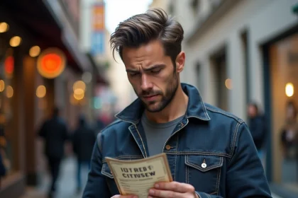 Homme tenant un billet de concert d'occasion dans la rue, illustrant la revente de billets