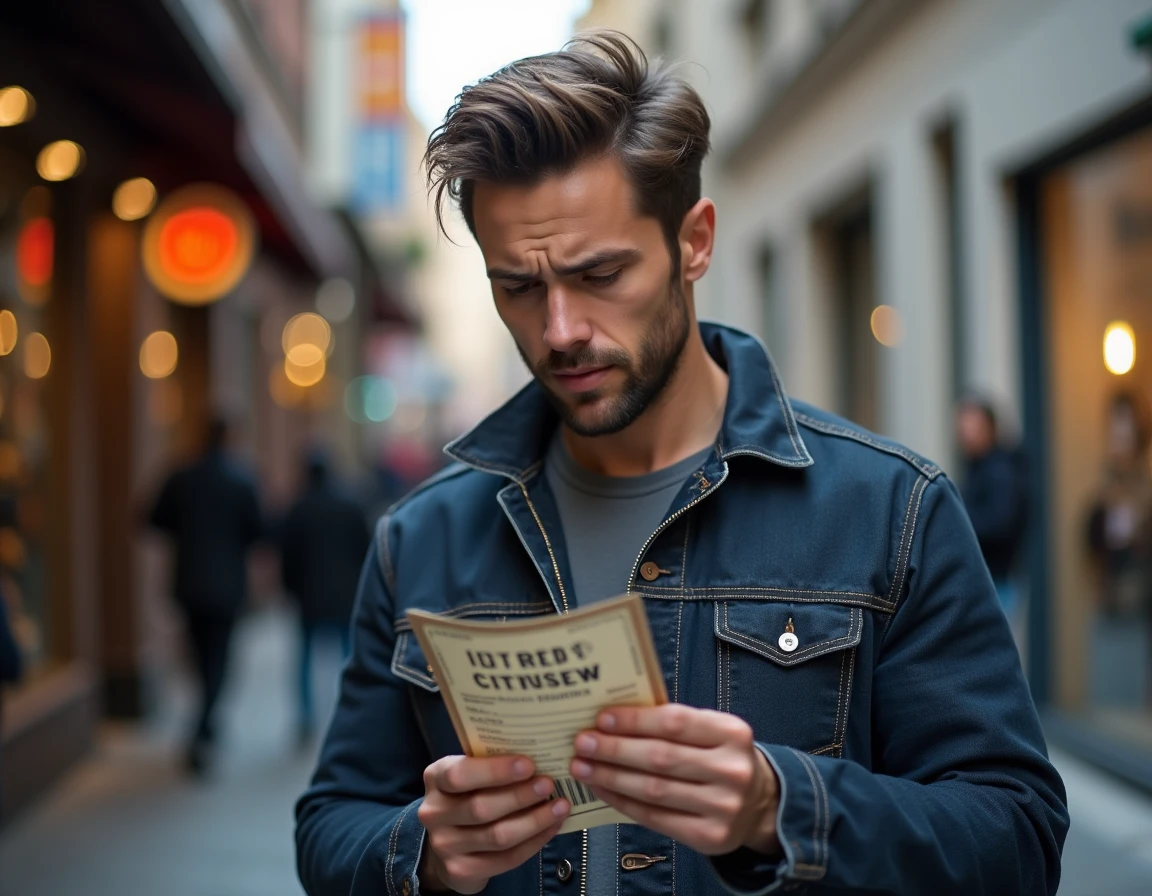 Homme tenant un billet de concert d'occasion dans la rue, illustrant la revente de billets