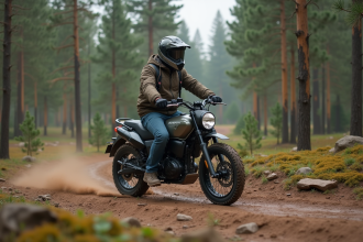 Homme en moto électrique dans la forêt aventure