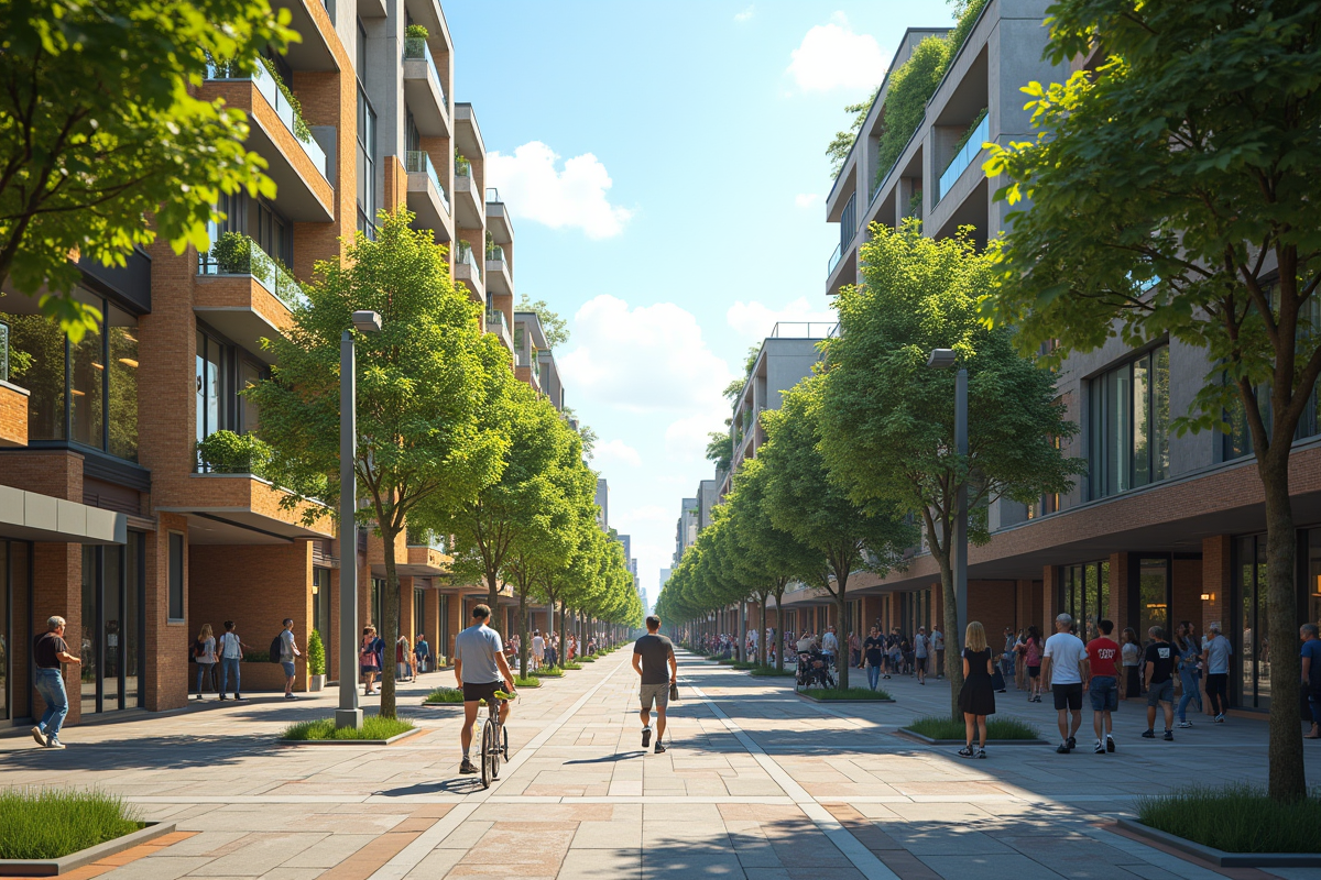 Rue urbaine animée avec piétons et transports durables