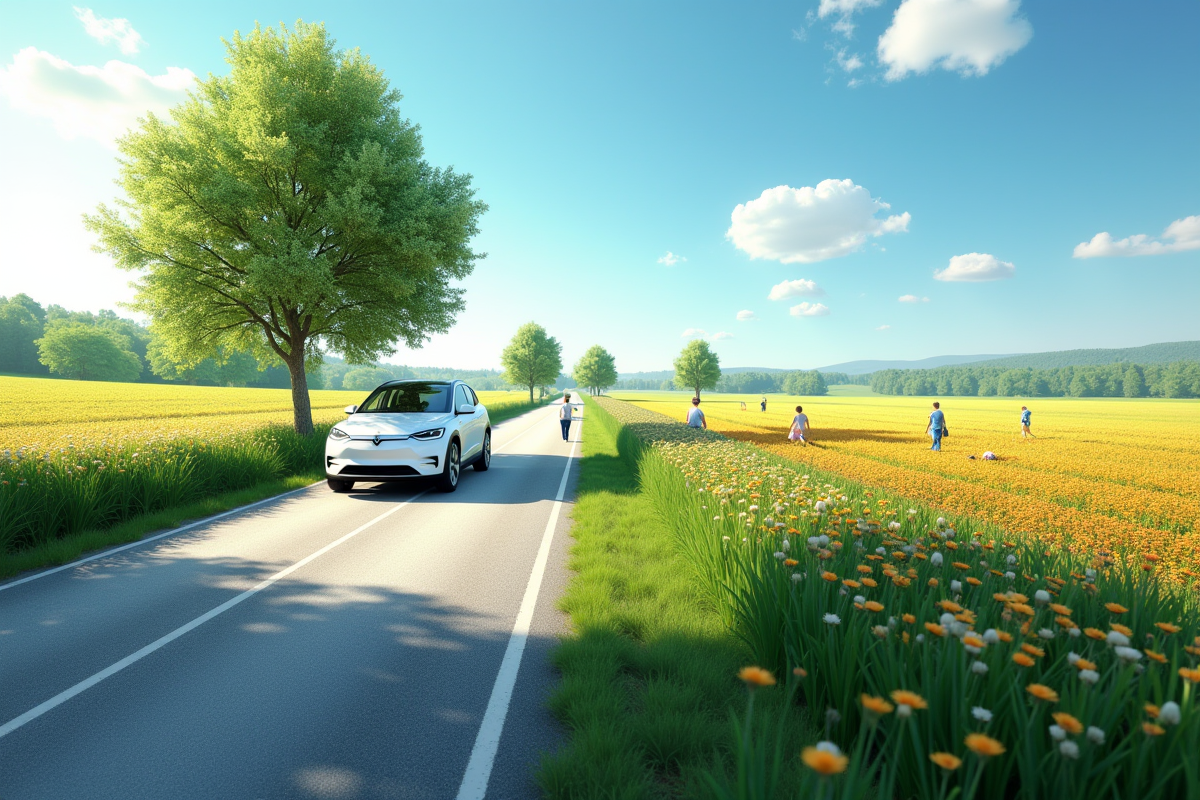 Voiture électrique dans un champ en fleurs avec famille plantant des arbres