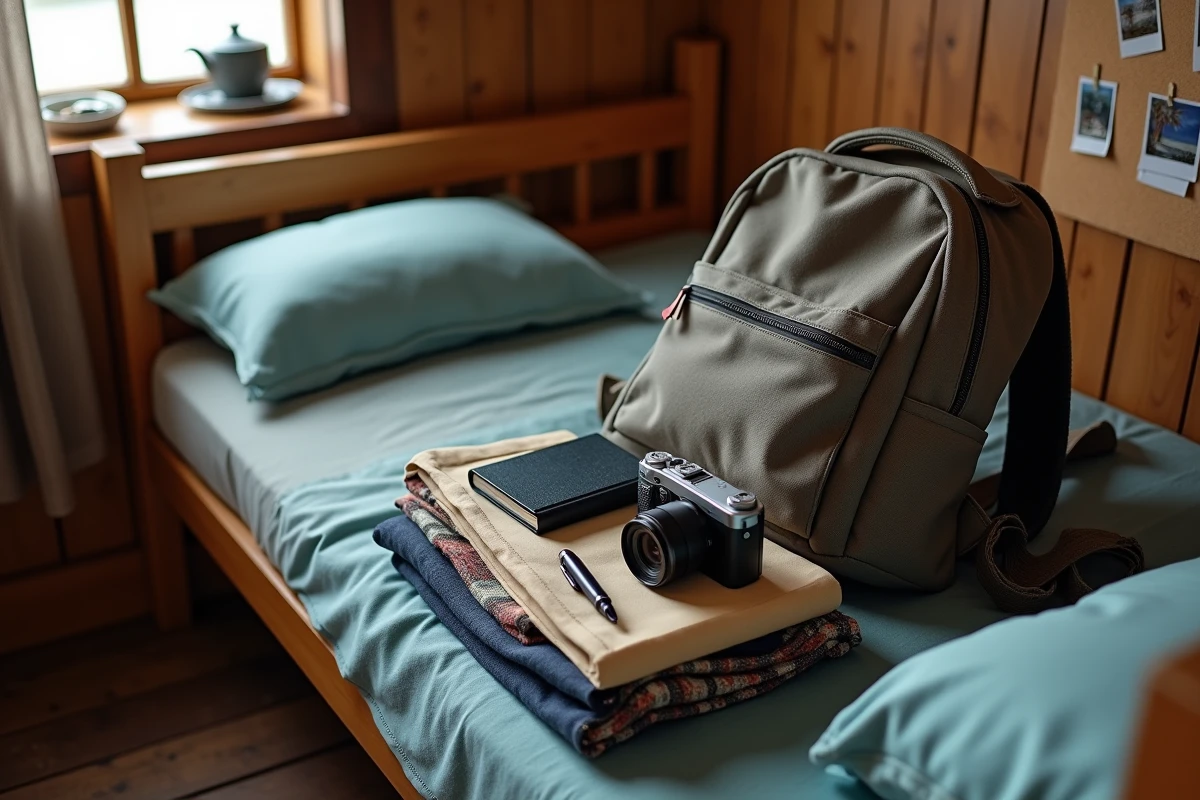 Sac à dos de voyage ouvert avec appareil photo jetable et compact numérique posés côte à côte pour voyager léger