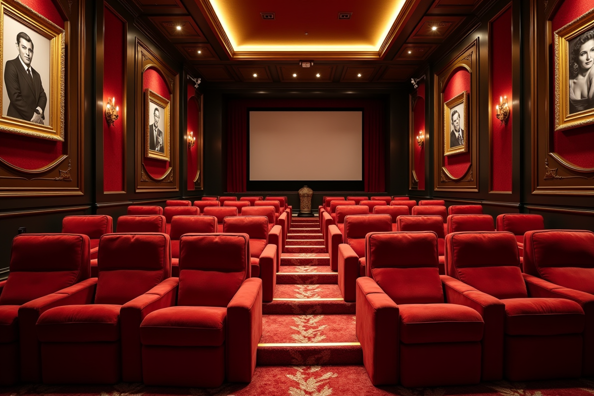 Salle de cinéma privée luxueuse avec portraits d acteurs