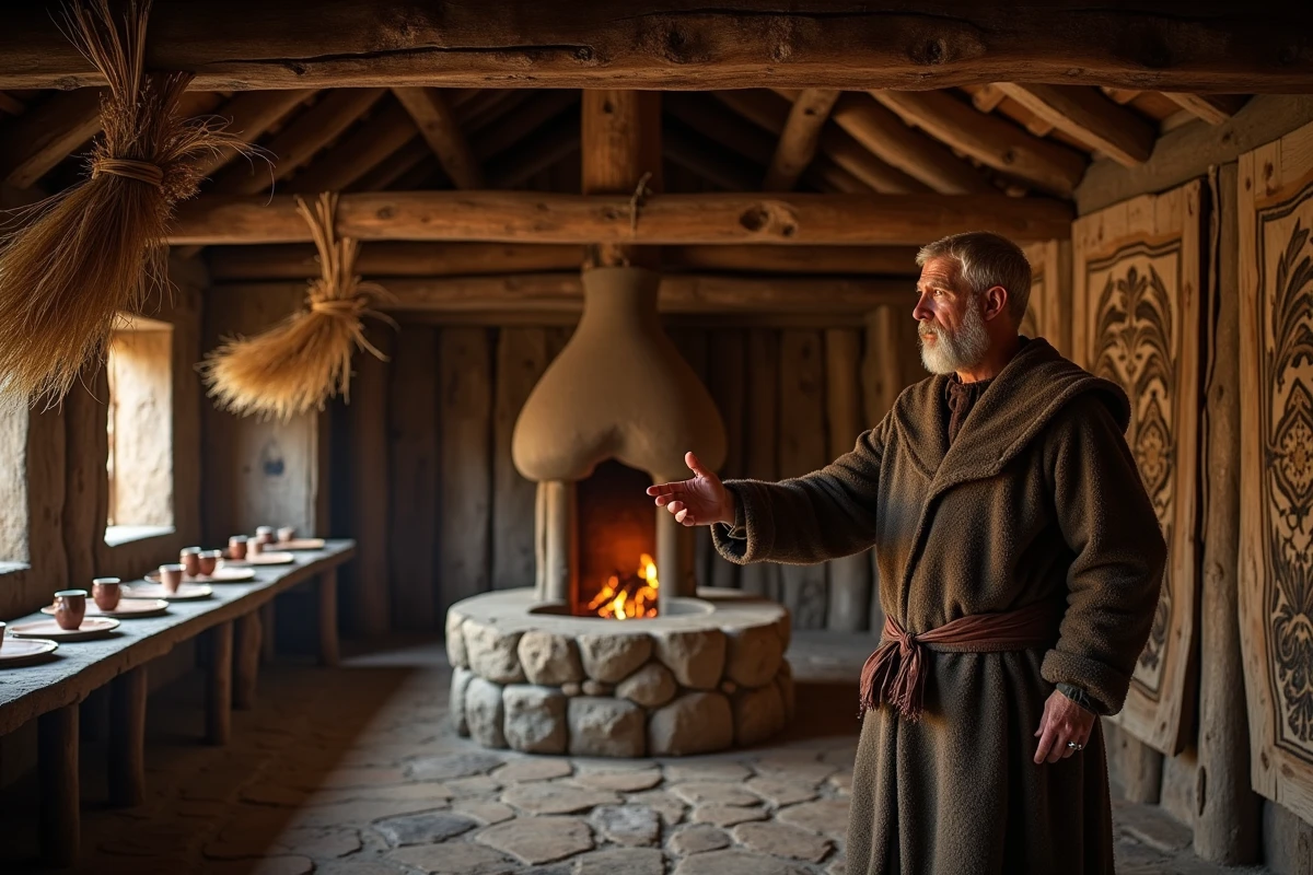 Intérieur d'une grande salle viking reconstituée au Danemark avec guide historique et décor authentique de l'époque