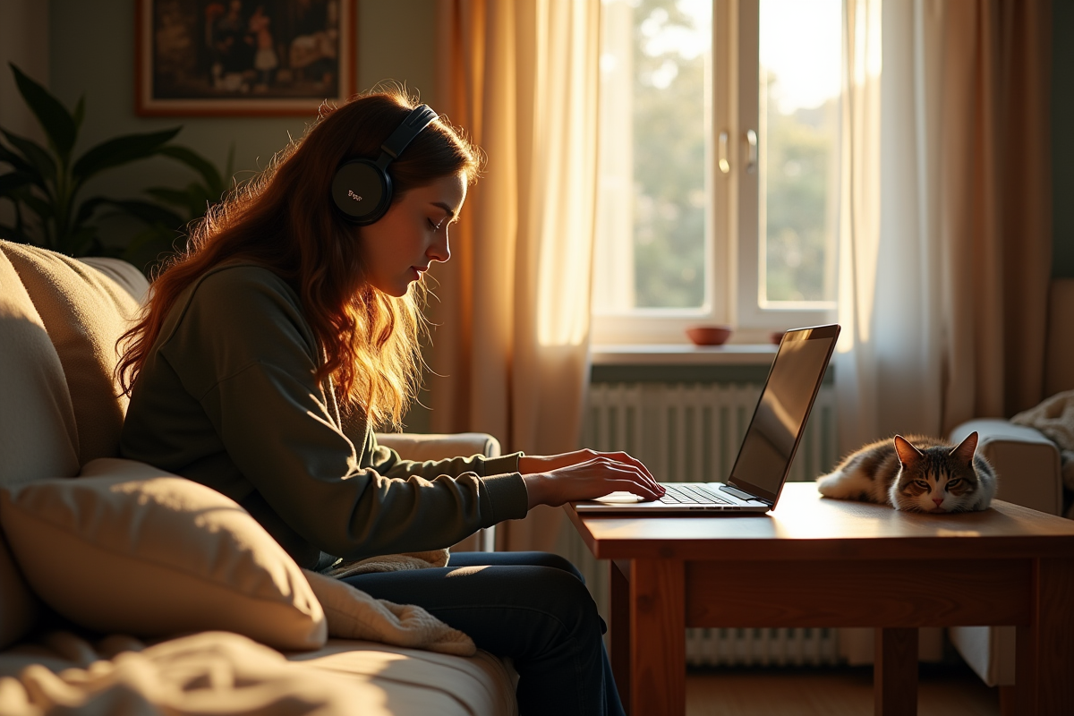 Salon cosy avec personne utilisant un ordinateur et un chat