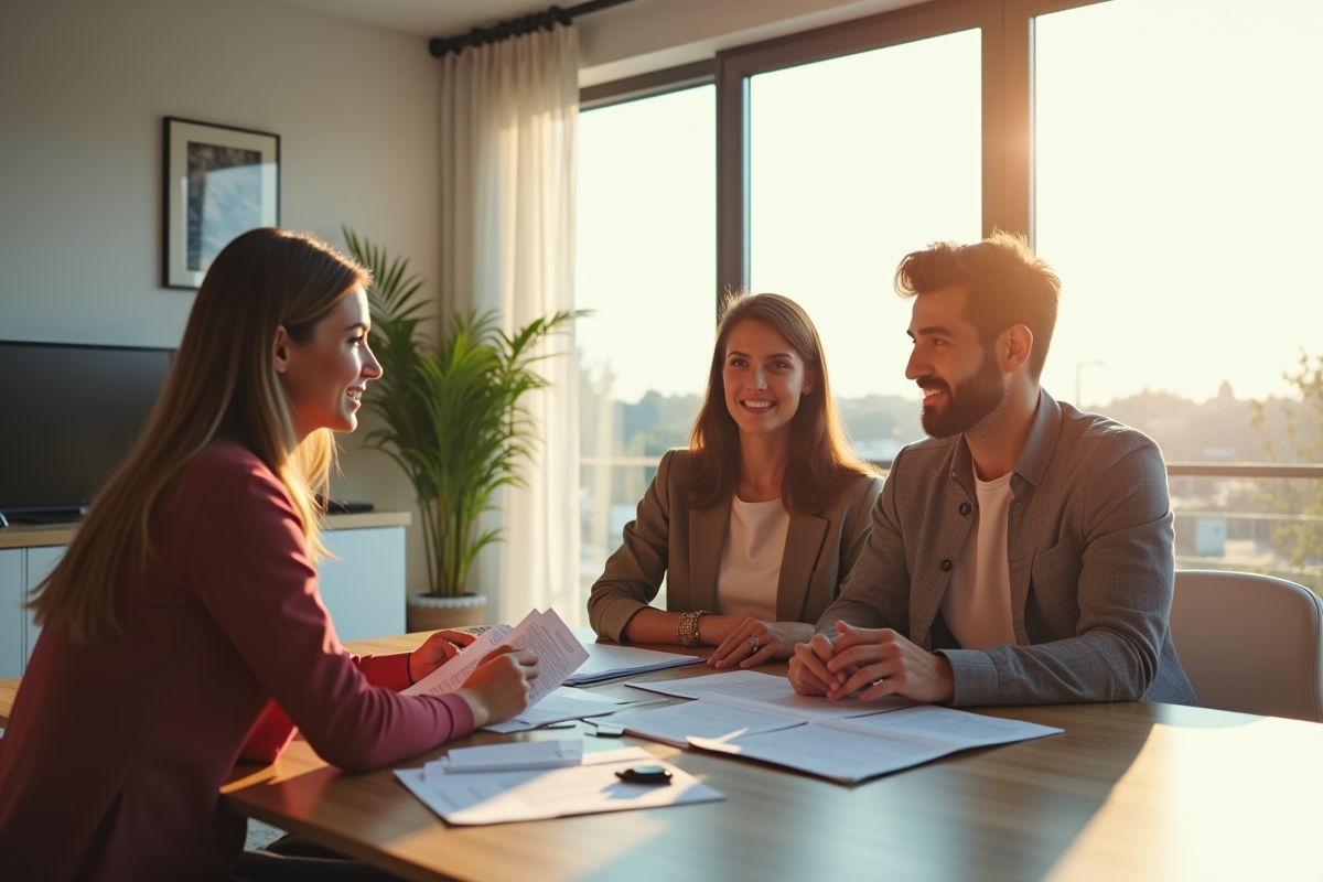 Salon lumineux avec agent immobilier et jeune couple
