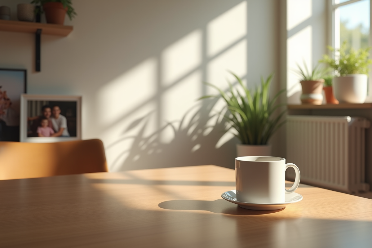Salon vide avec tasse de café et photo de famille