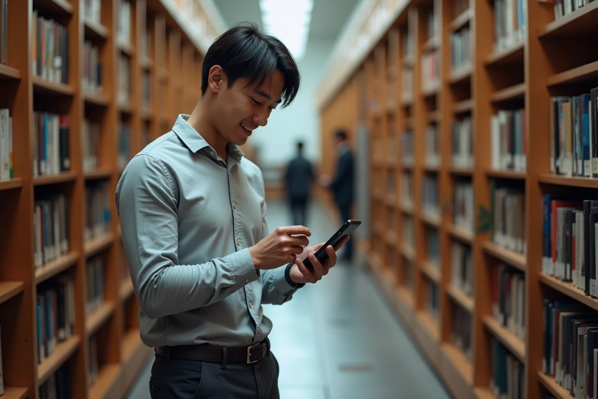 Homme consultant un scan One Piece sur smartphone dans une bibliothèque publique