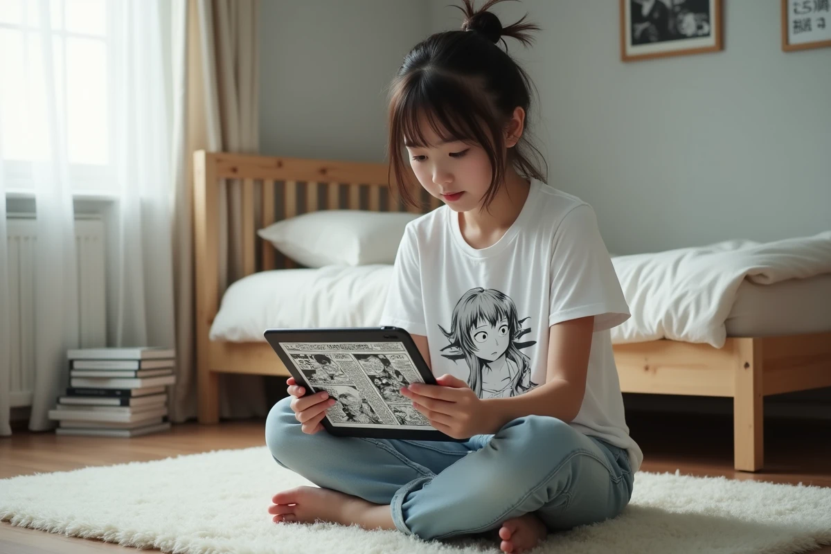 Adolescente lisant un scan manga One Piece sur une tablette dans sa chambre