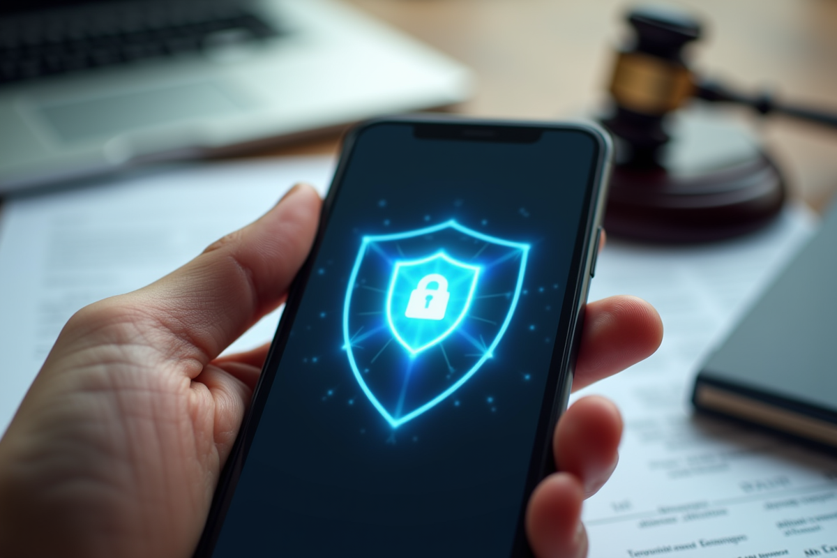 Gros plan sur un smartphone avec icône VPN et documents juridiques en arrière-plan