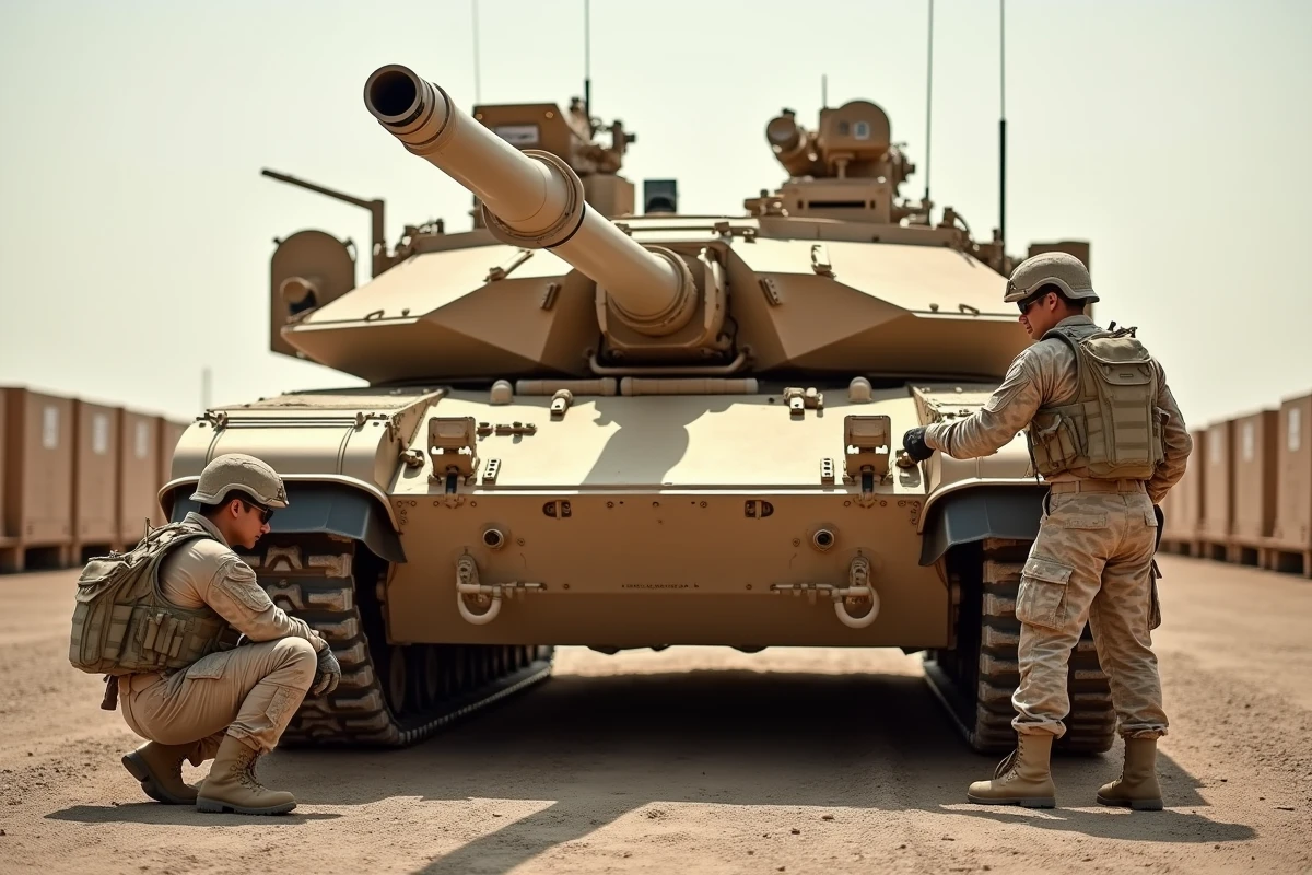 Soldats en uniforme de camouflage désertique inspectant un char M1A1 Abrams dans une base opérationnelle avancée, vue en trois quarts avec détails réalistes de l'équipement et de l'armure