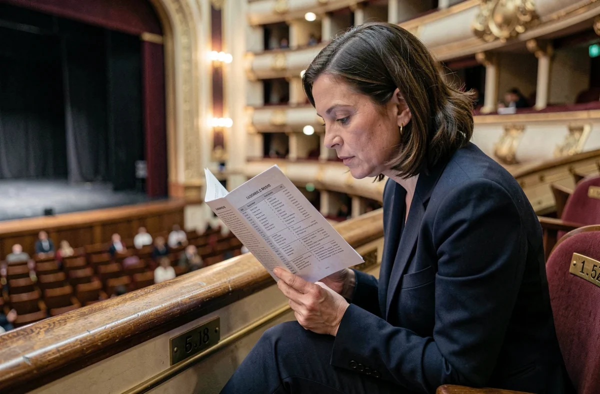 Spectatrice consultant le plan de salle du théâtre Mogador depuis un siège de mezzanine avec vue sur la scène