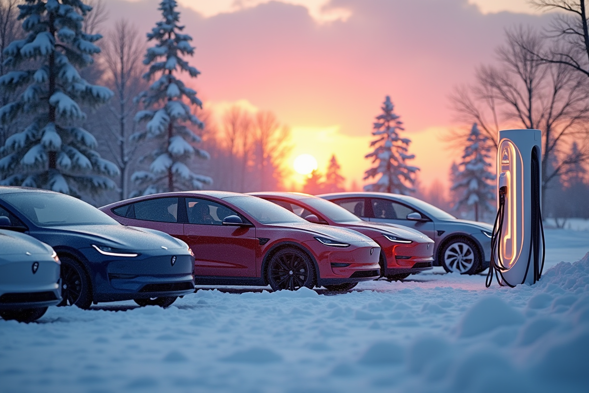 Station de recharge électrique en hiver au coucher du soleil