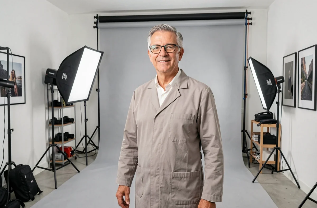 Photographe professionnel du Studio Lumière 66 dans son studio équipé à Perpignan avec toile de fond grise et matériel photo