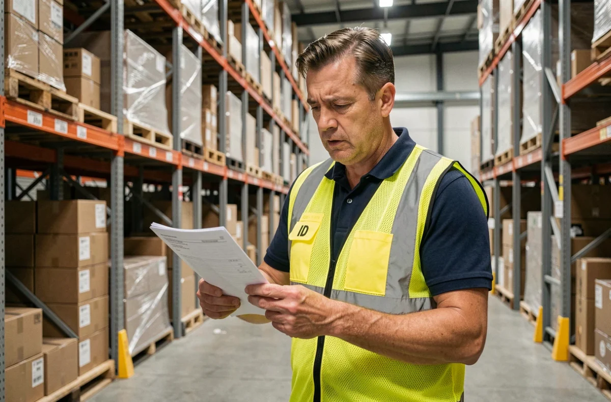 Superviseur logistique examinant un bon de livraison dans un entrepôt de transit avec des palettes et des étagères en arrière-plan