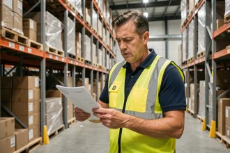 Superviseur logistique examinant un bon de livraison dans un entrepôt de transit avec des palettes et des étagères en arrière-plan