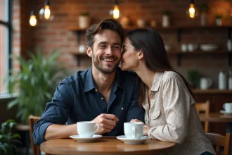 Femme murmurant un surnom affectueux à l'oreille de son compagnon dans un café, couple souriant dans une atmosphère intime et détendue