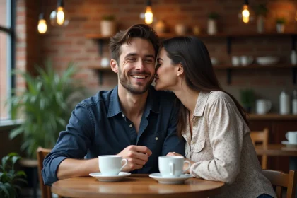 Femme murmurant un surnom affectueux à l'oreille de son compagnon dans un café, couple souriant dans une atmosphère intime et détendue