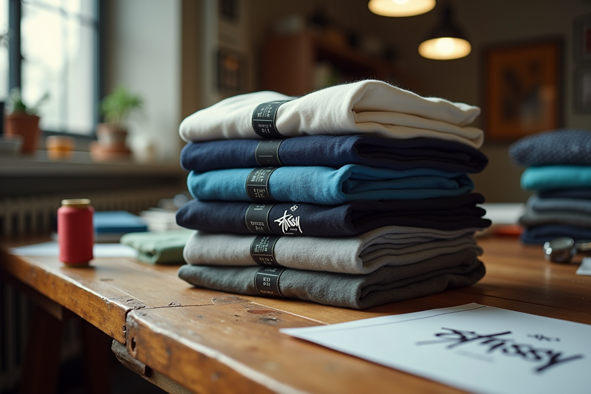 T-shirts Stussy empiles avec étiquettes sur une table en bois