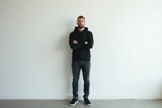 Homme grand en hoodie noir posant debout contre un mur blanc, illustrant la taille et la stature d'un artiste de rap
