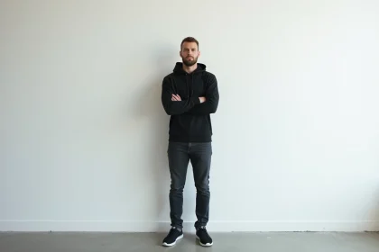 Homme grand en hoodie noir posant debout contre un mur blanc, illustrant la taille et la stature d'un artiste de rap