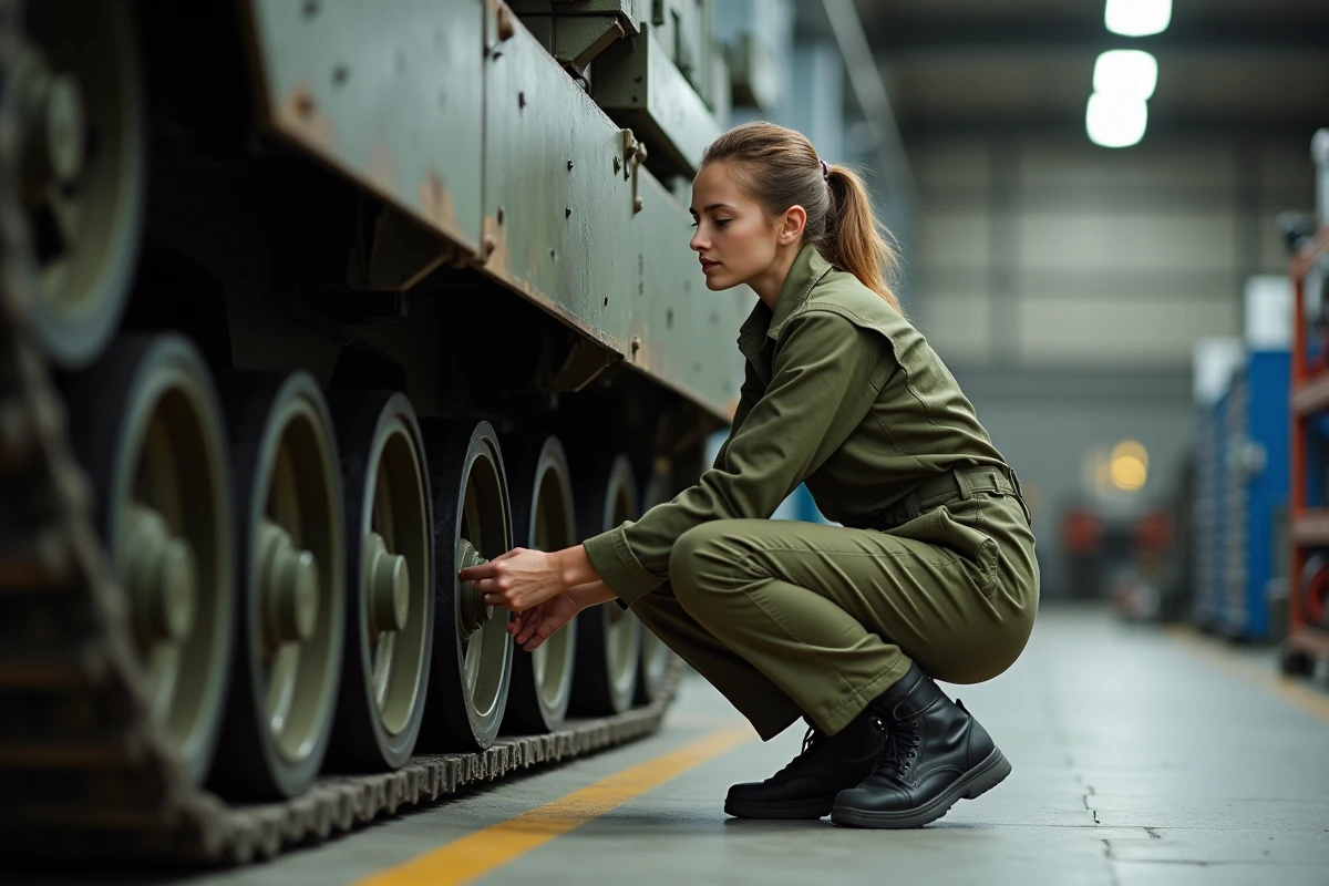 Technicienne inspectant un char Leopard 2A dans un hangar