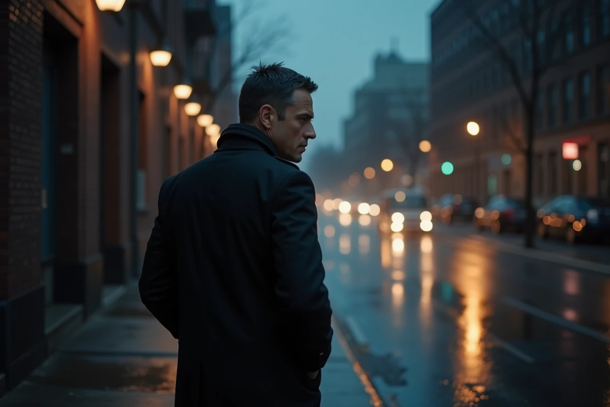 Homme en imperméable sombre regardant derrière lui dans une rue mouillée la nuit, atmosphère de tension et de culpabilité