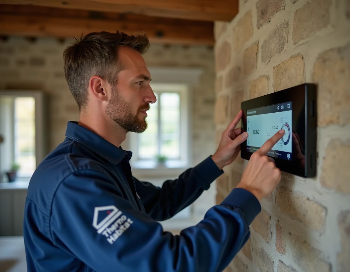 Technicien de Thermo Habitat Normandie programmant un thermostat intelligent dans une ferme normande en pierre avec une chaudière à condensation en arrière-plan