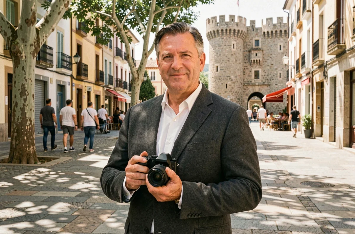 Photographe Thierry Música de MissionPhotographe Perpignan posant devant le Castillet avec son appareil photo professionnel