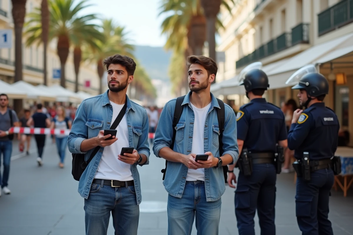 Jeunes touristes près d’un contrôle de police à Cannes
