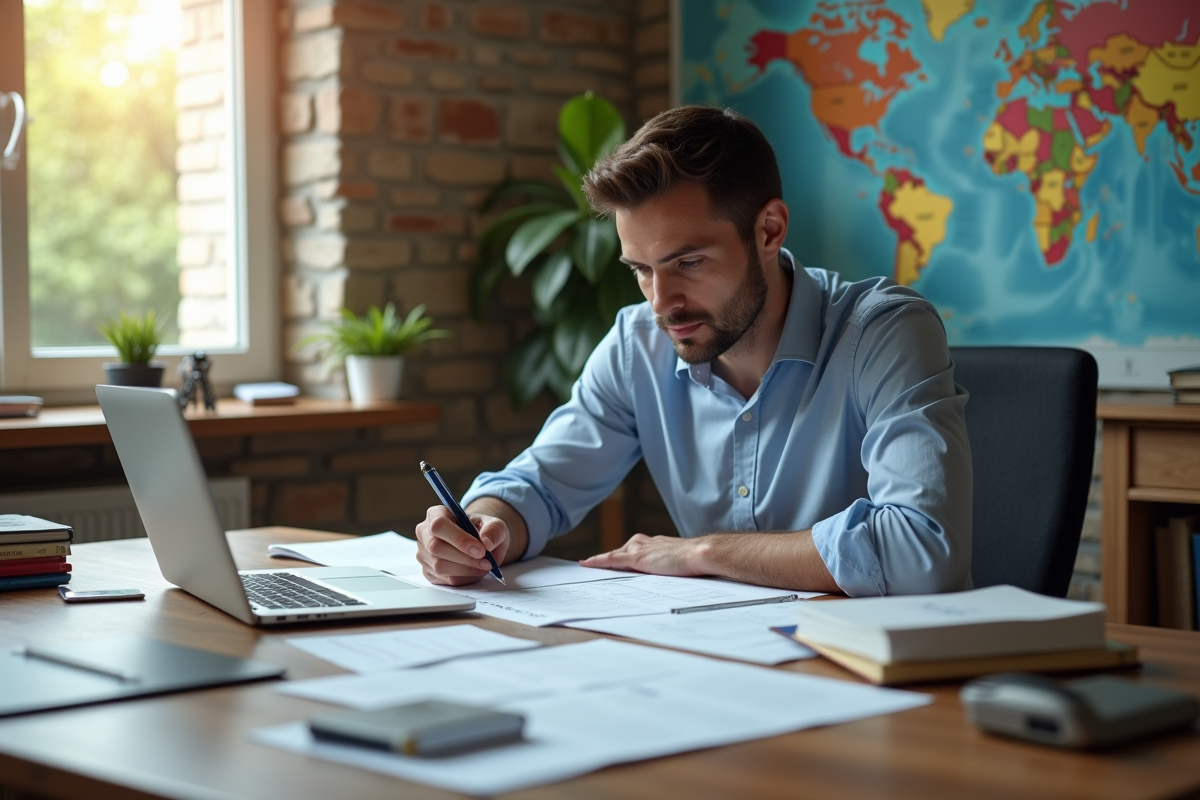 Traducteur professionnel à son bureau comparant des documents en différentes langues