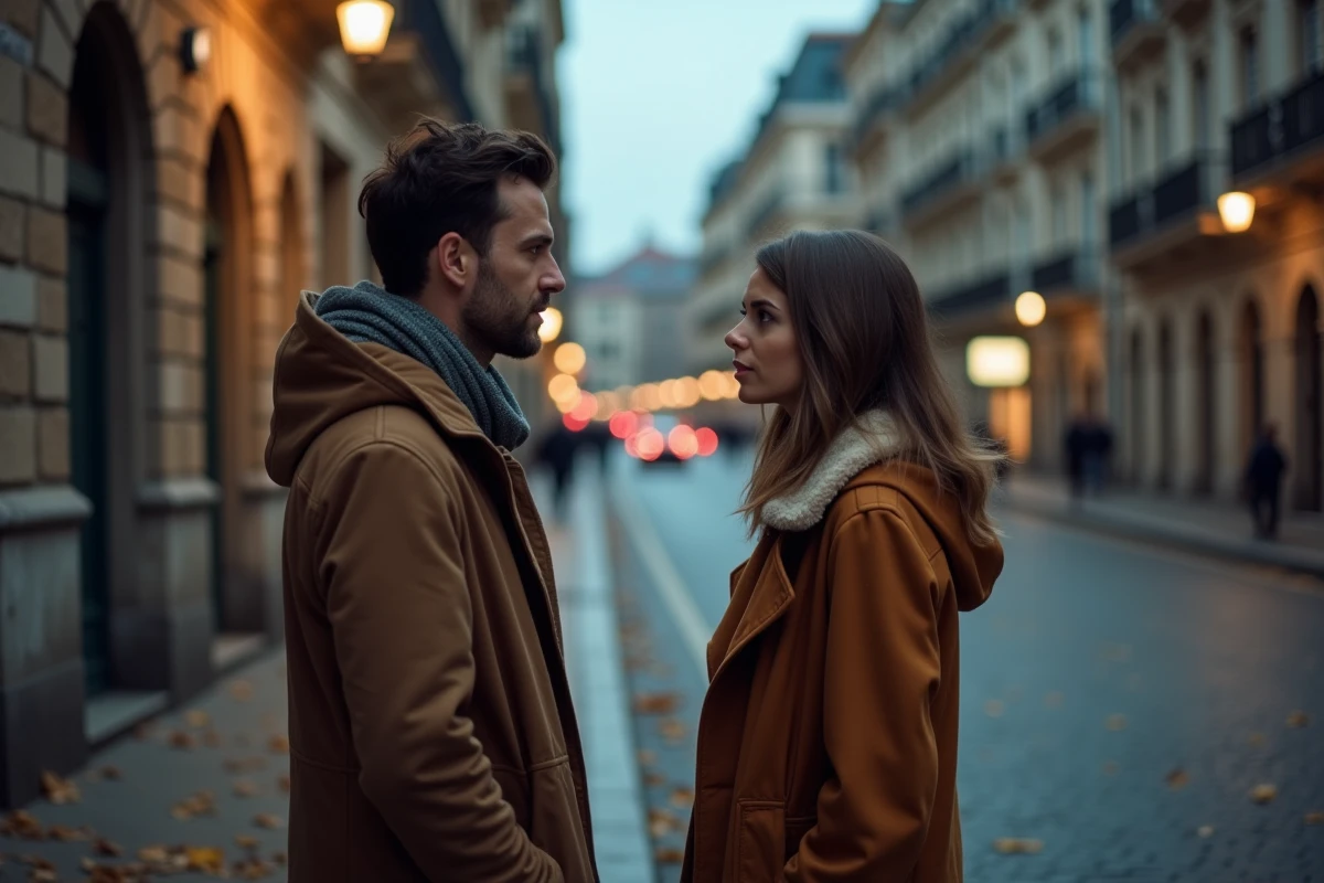 Couple en confrontation émotionnelle dans une rue pavée en automne, symbole de trahison et de rupture relationnelle