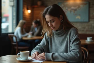 Femme seule dans un café tenant une lettre, expression de trahison et de tristesse profonde, méditation sur le pardon