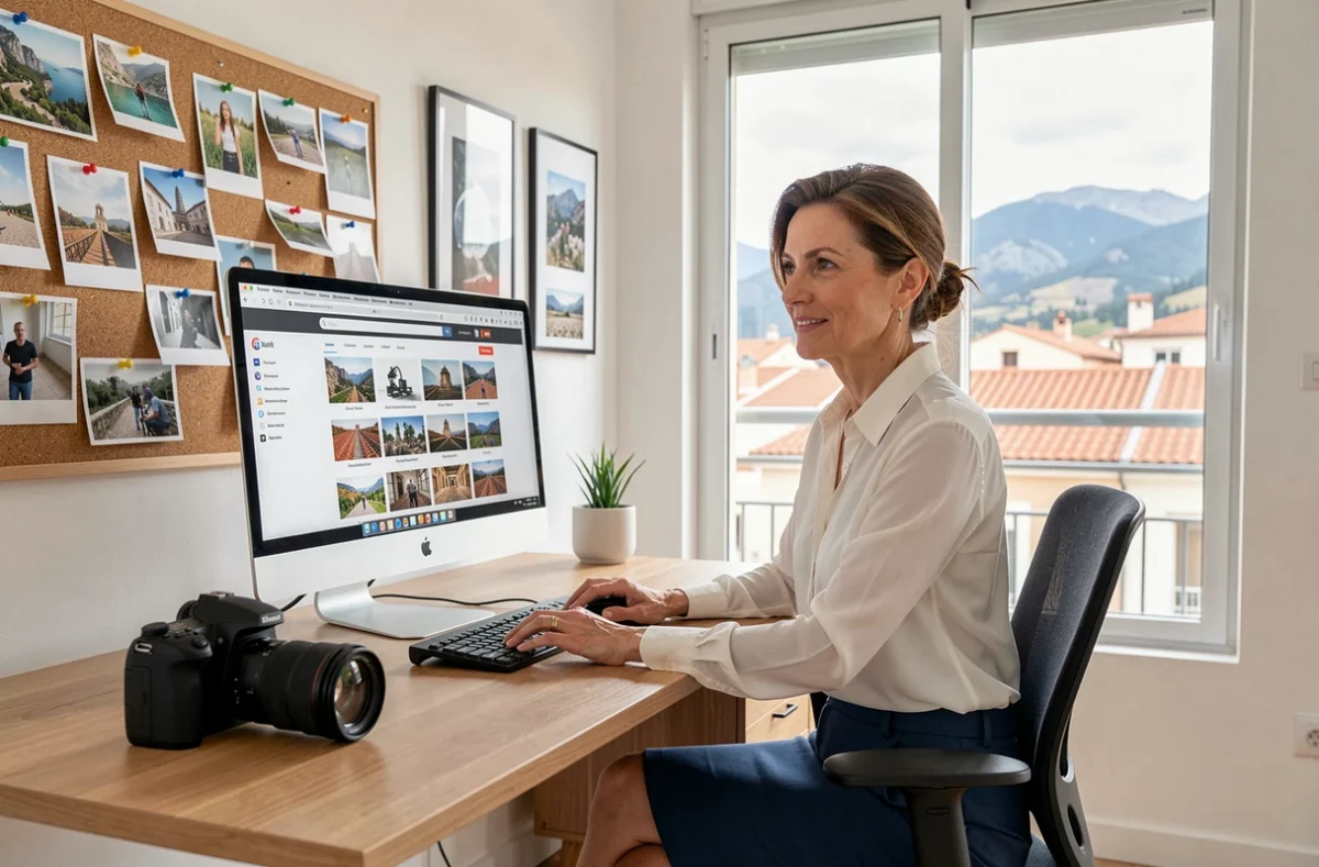 Photographe de Trouver Mon Photographe Perpignan travaillant sur son portfolio digital dans un bureau moderne avec vue sur les toits de Perpignan