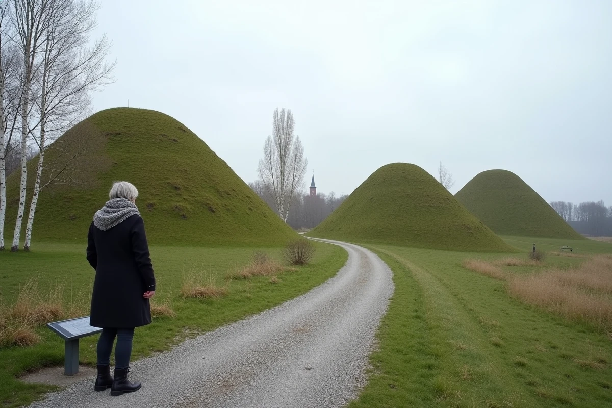 Tumulus funéraires vikings de Gamla Uppsala en Suède avec visiteuse examinant une stèle d'information historique