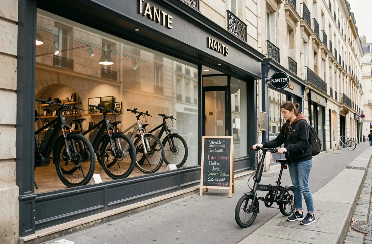 Devanture du magasin Urban Cycle à Nantes avec des vélos électriques exposés en vitrine et une cliente examinant un modèle pliant