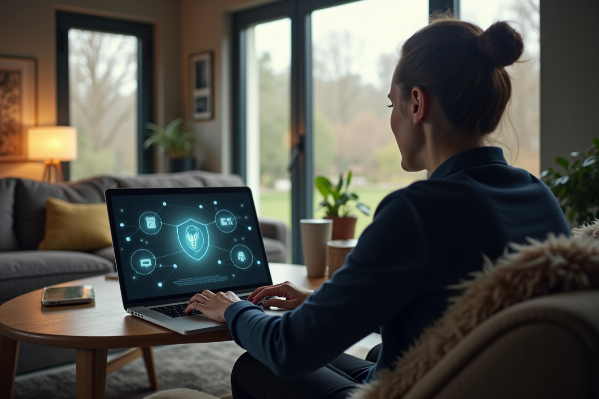 Personne utilisant un ordinateur portable avec interface VPN dans un salon moderne