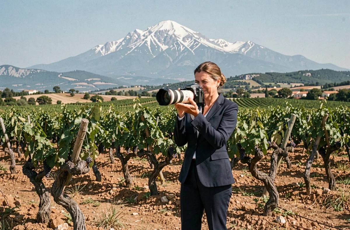 Photographe V.B Photographie debout dans un vignoble roussillonnais avec le mont Canigou enneigé en arrière-plan